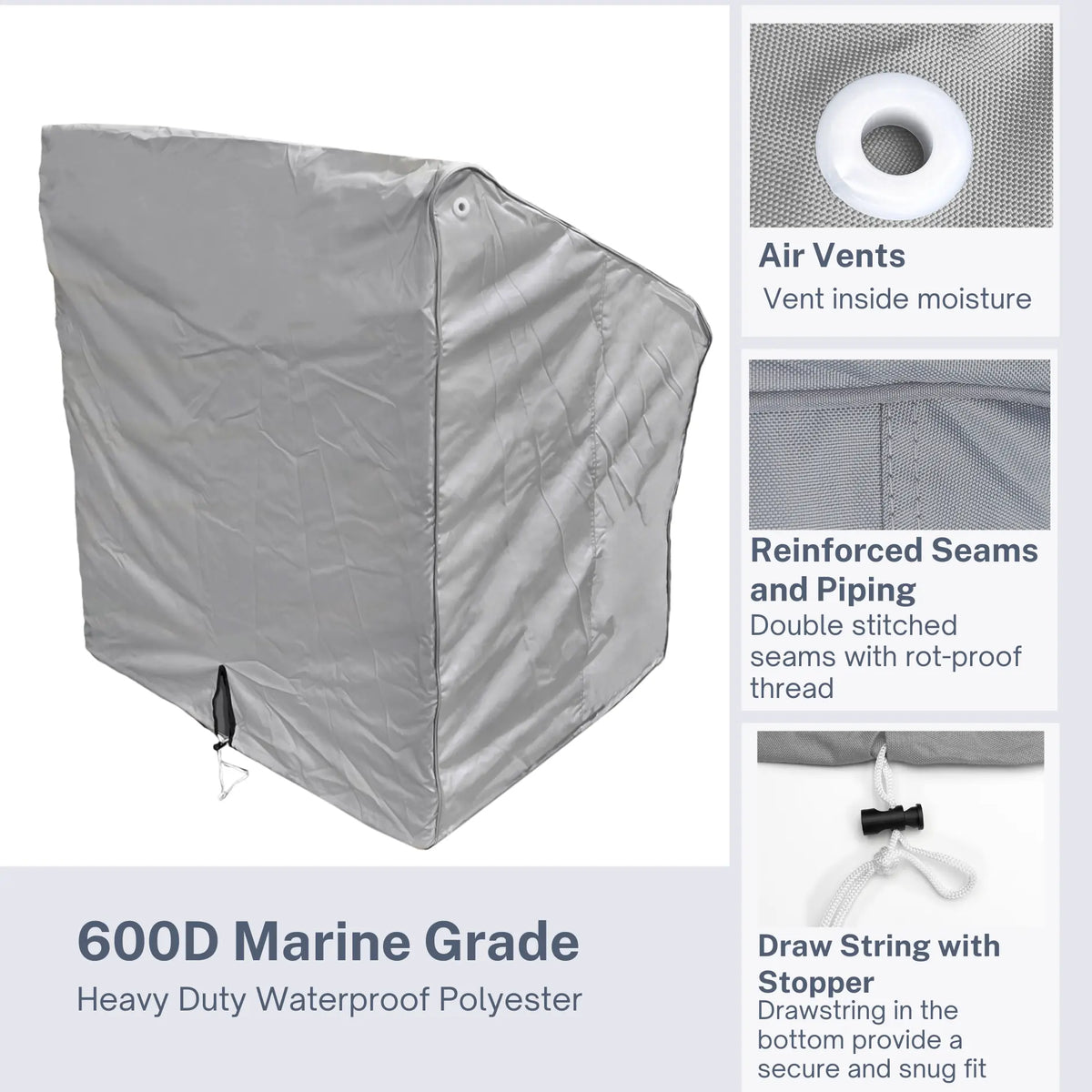 Product detail view of SavvyCraft grey waterproof boat console protector highlighting heavy-duty fabric, breathable plastic eyelets for ventilation, and a drawstring hem with stopper for a snug, secure fit