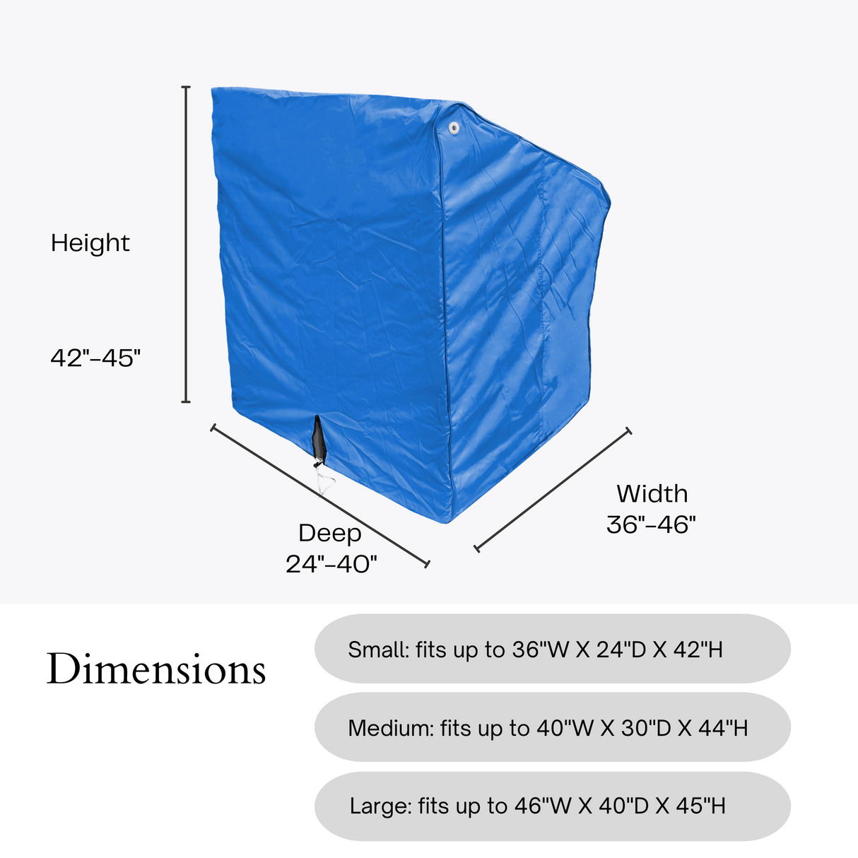 SavvyCraft blue boat center console cover dimensions chart listing three sizes: Small fits up to 36"W x 24"D x 42"H, Medium fits up to 40"W x 30"D x 44"H, and Large fits up to 46"W x 40"D x 45"H.