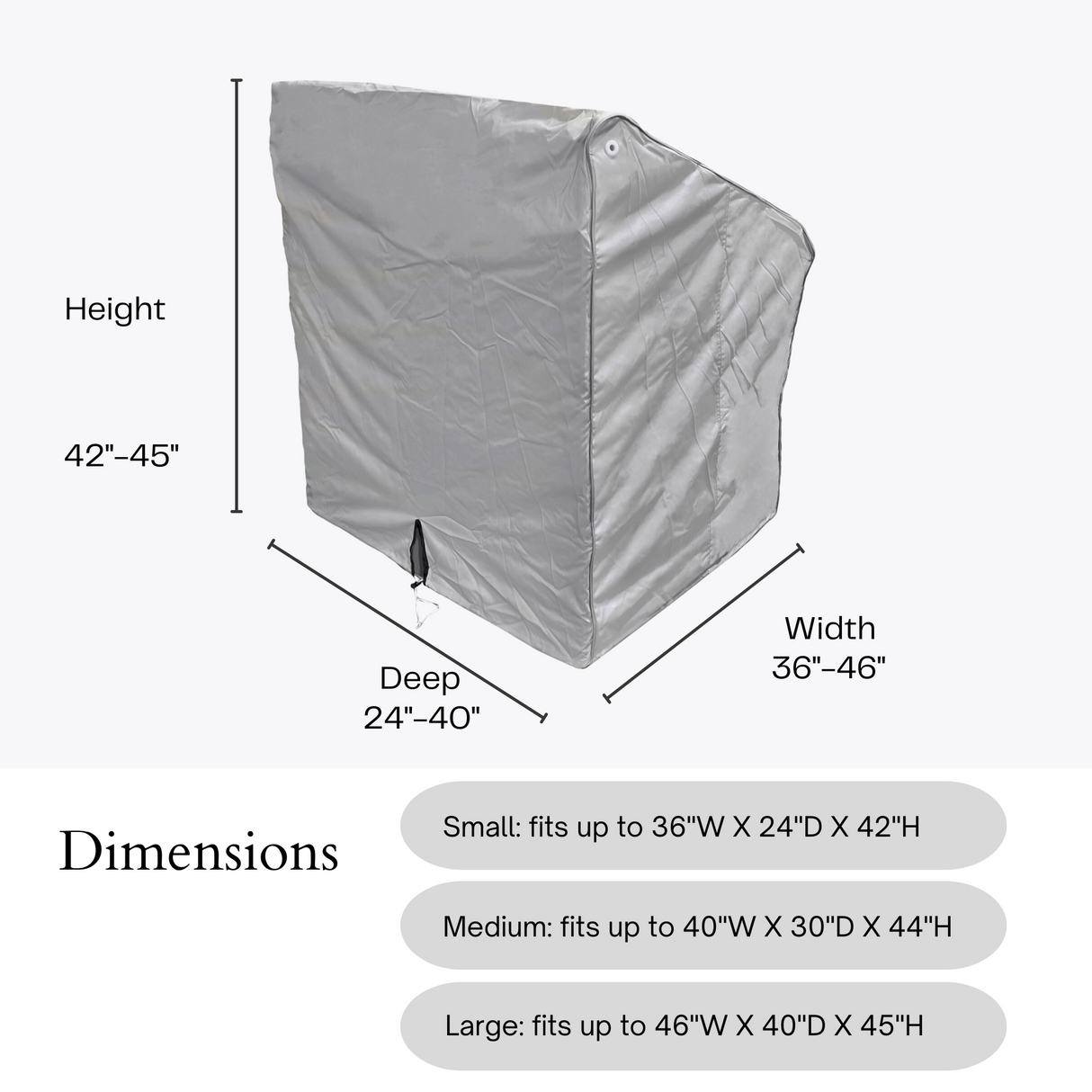 SavvyCraft grey boat center console cover dimensions chart listing three sizes: Small fits up to 36"W x 24"D x 42"H, Medium fits up to 40"W x 30"D x 44"H, and Large fits up to 46"W x 40"D x 45"H.