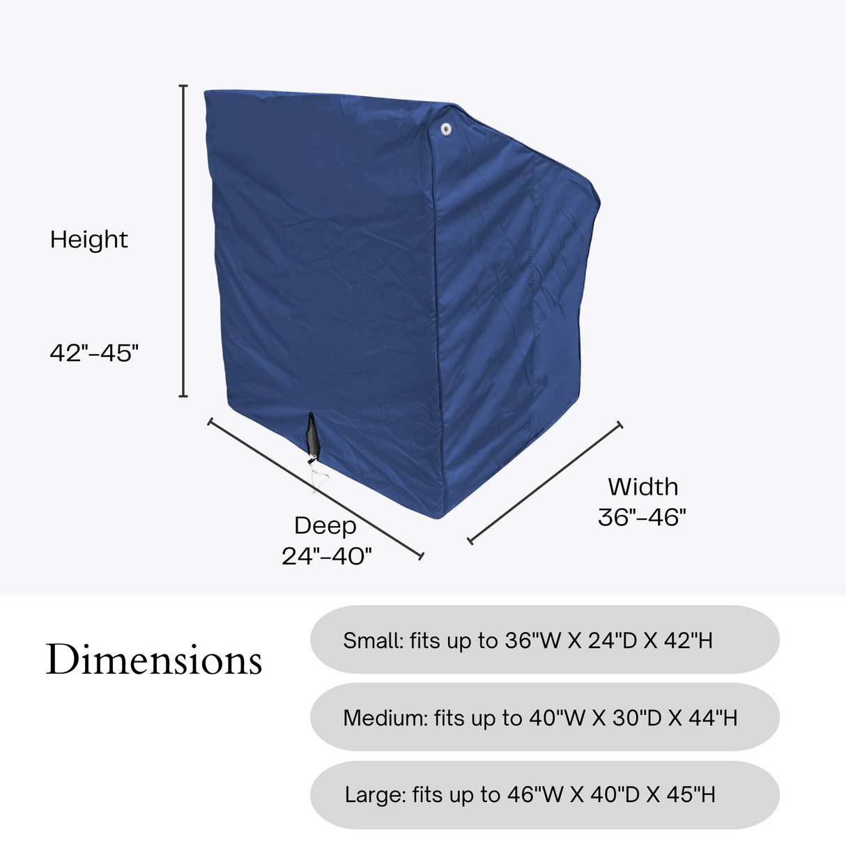 SavvyCraft navy boat center console cover dimensions chart listing three sizes: Small fits up to 36"W x 24"D x 42"H, Medium fits up to 40"W x 30"D x 44"H, and Large fits up to 46"W x 40"D x 45"H.