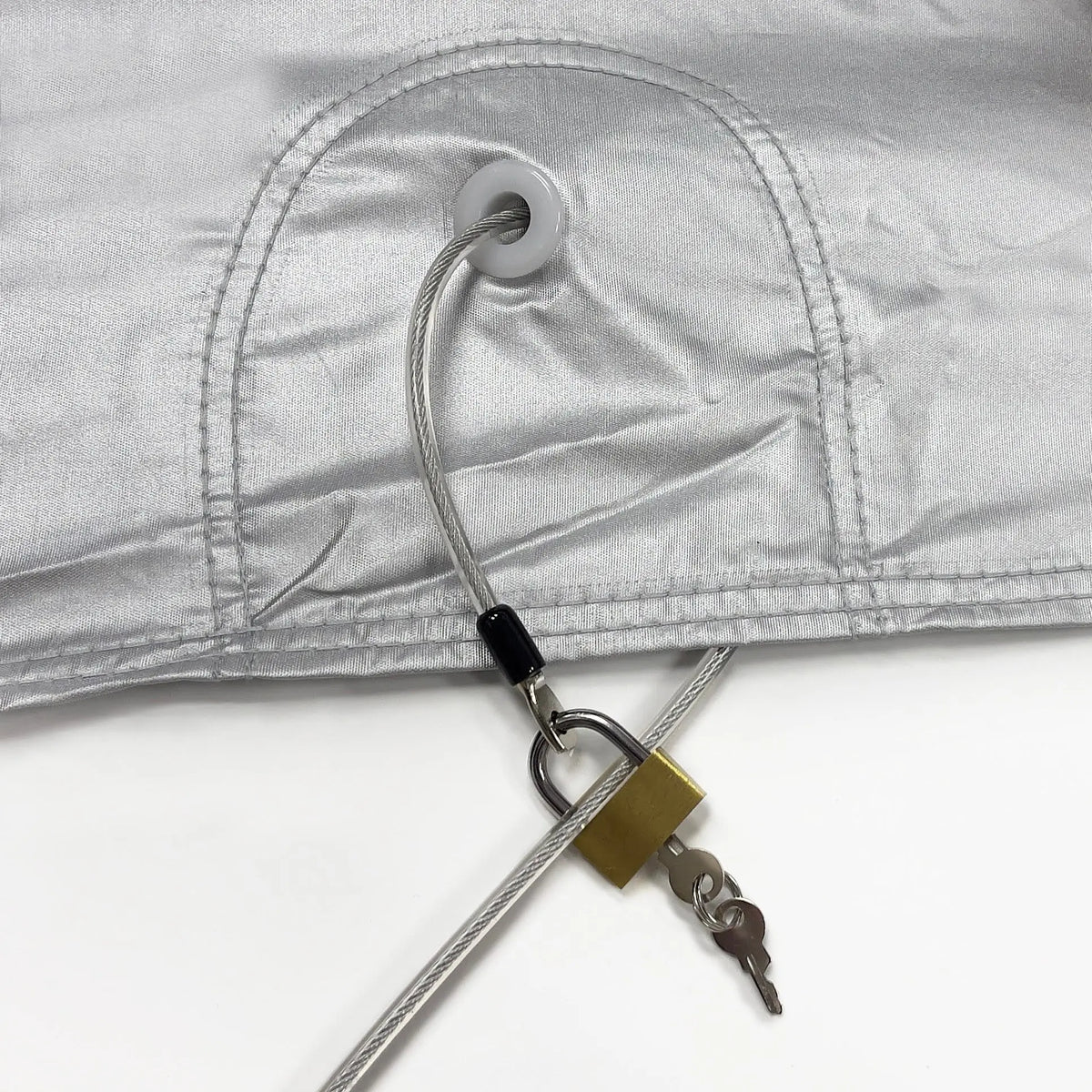 Strong braided steel cable lock fits through cover grommets to add protection and help secure the cover in heavy winds.