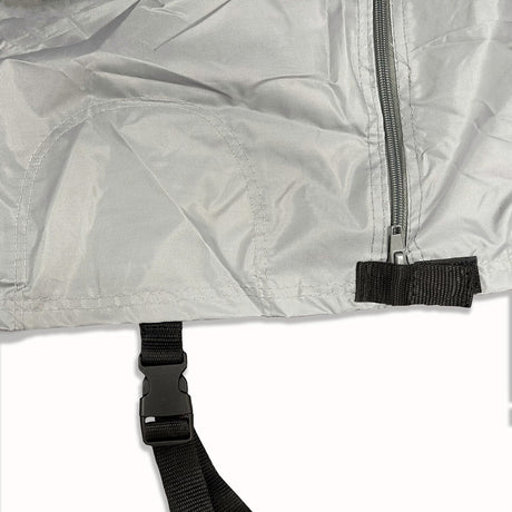 A picture of the clip and zipper that is a part of the Elite Premium Class A RV cover.