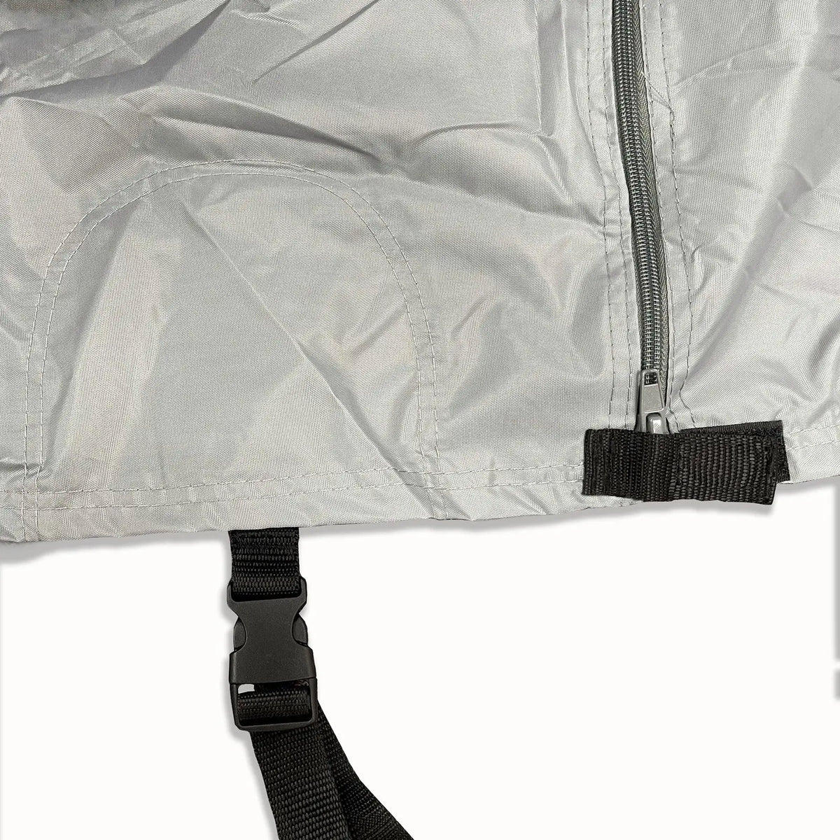 A picture of the clip and zipper that is a part of the Elite Premium Class A RV cover.