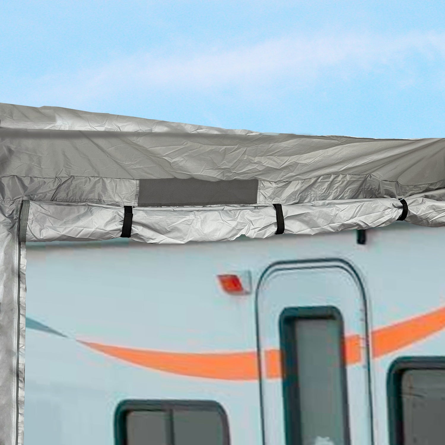 Another picture of the vented end of the Elite Premium Class C RV cover installed on a Class C size RV.