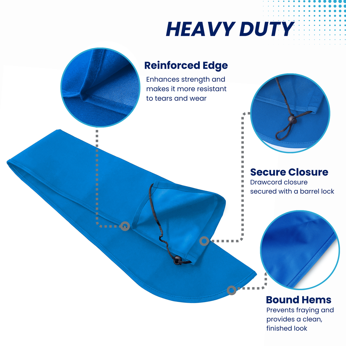 Heavy-duty blue boat tiller cover with drawstring closure and barrel lock, featuring reinforced stitching and bound hems for maximum marine durability