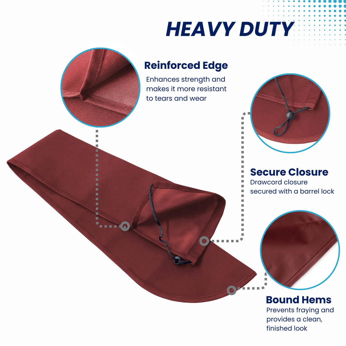 Heavy-duty burgundy boat tiller cover with drawstring closure and barrel lock, featuring reinforced stitching and bound hems for maximum marine durability
