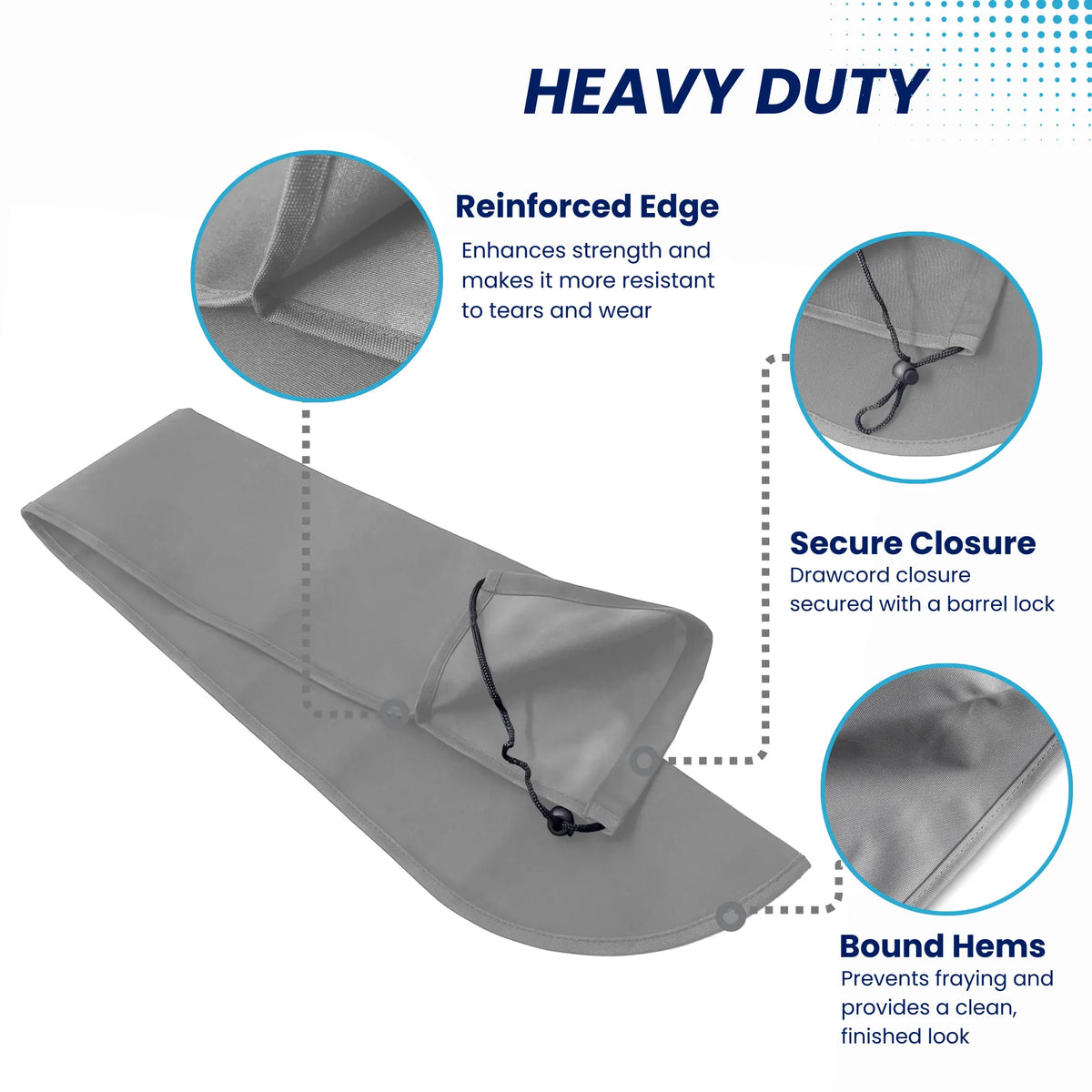 Heavy-duty grey boat tiller cover with drawstring closure and barrel lock, featuring reinforced stitching and bound hems for maximum marine durability