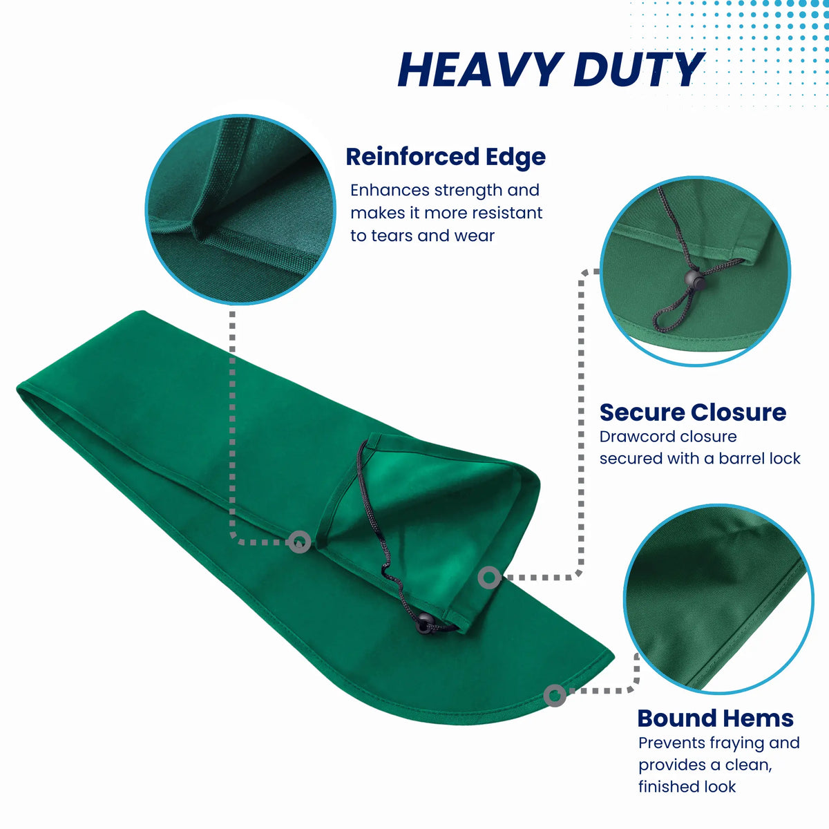 Heavy-duty green boat tiller cover with drawstring closure and barrel lock, featuring reinforced stitching and bound hems for maximum marine durability