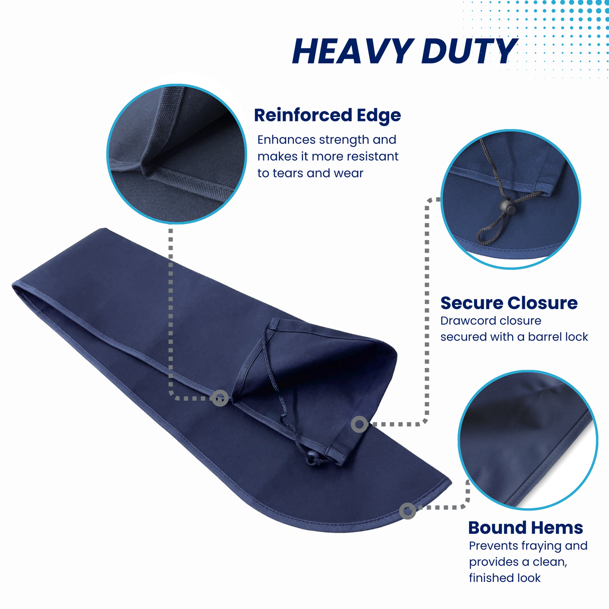 Heavy-duty navy boat tiller cover with drawstring closure and barrel lock, featuring reinforced stitching and bound hems for maximum marine durability