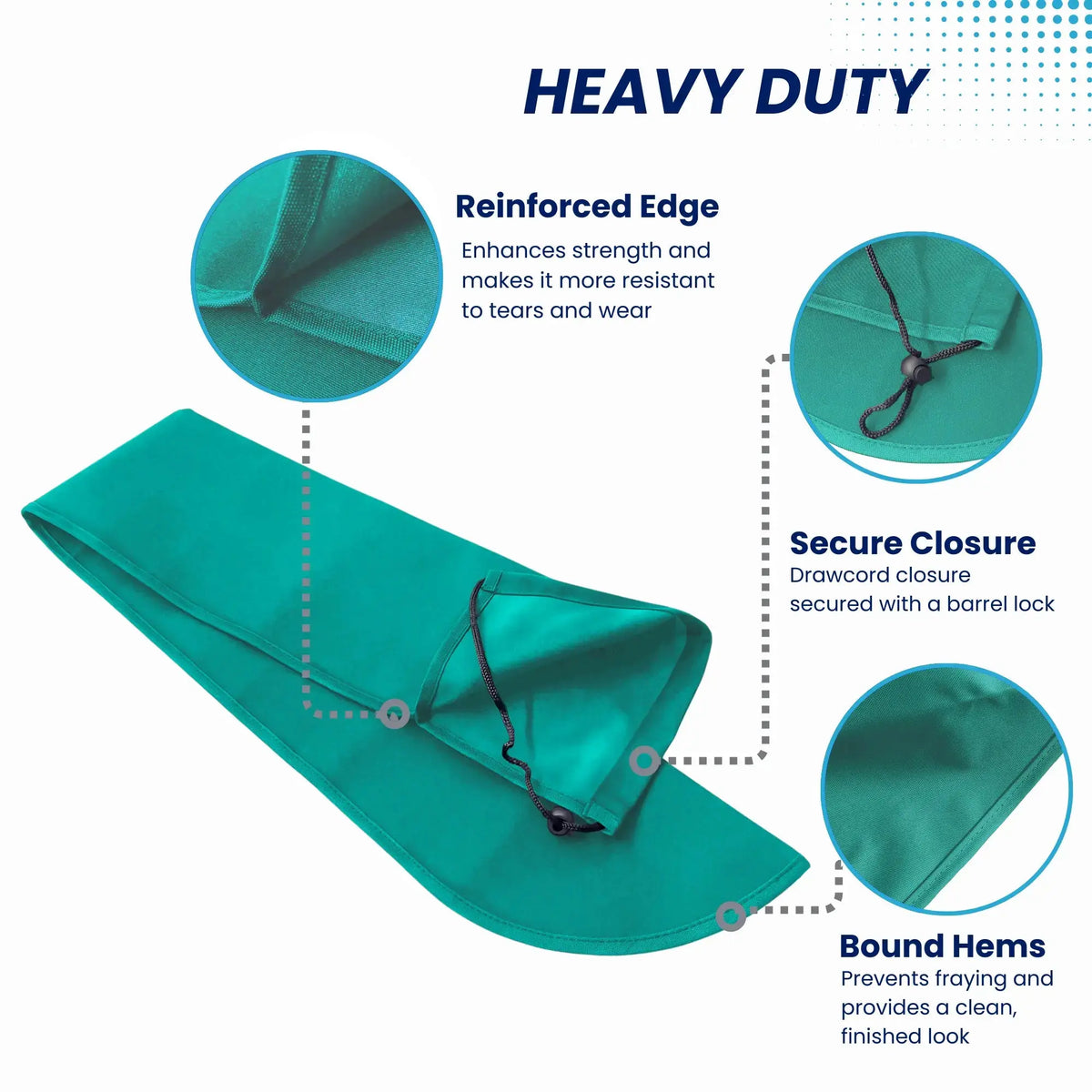 Heavy-duty teal boat tiller cover with drawstring closure and barrel lock, featuring reinforced stitching and bound hems for maximum marine durability