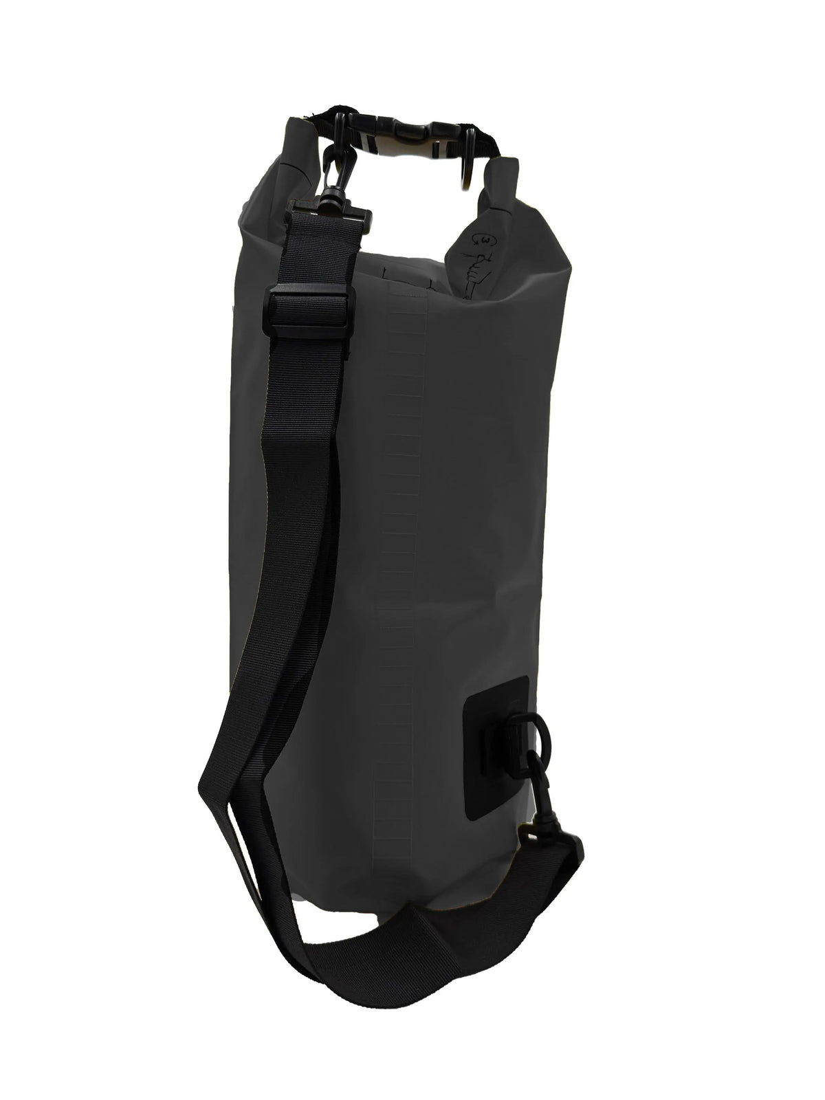 Back view of black 10L waterproof dry bag backpack with roll-top closure and adjustable padded shoulder straps for kayaking, boating, and hiking