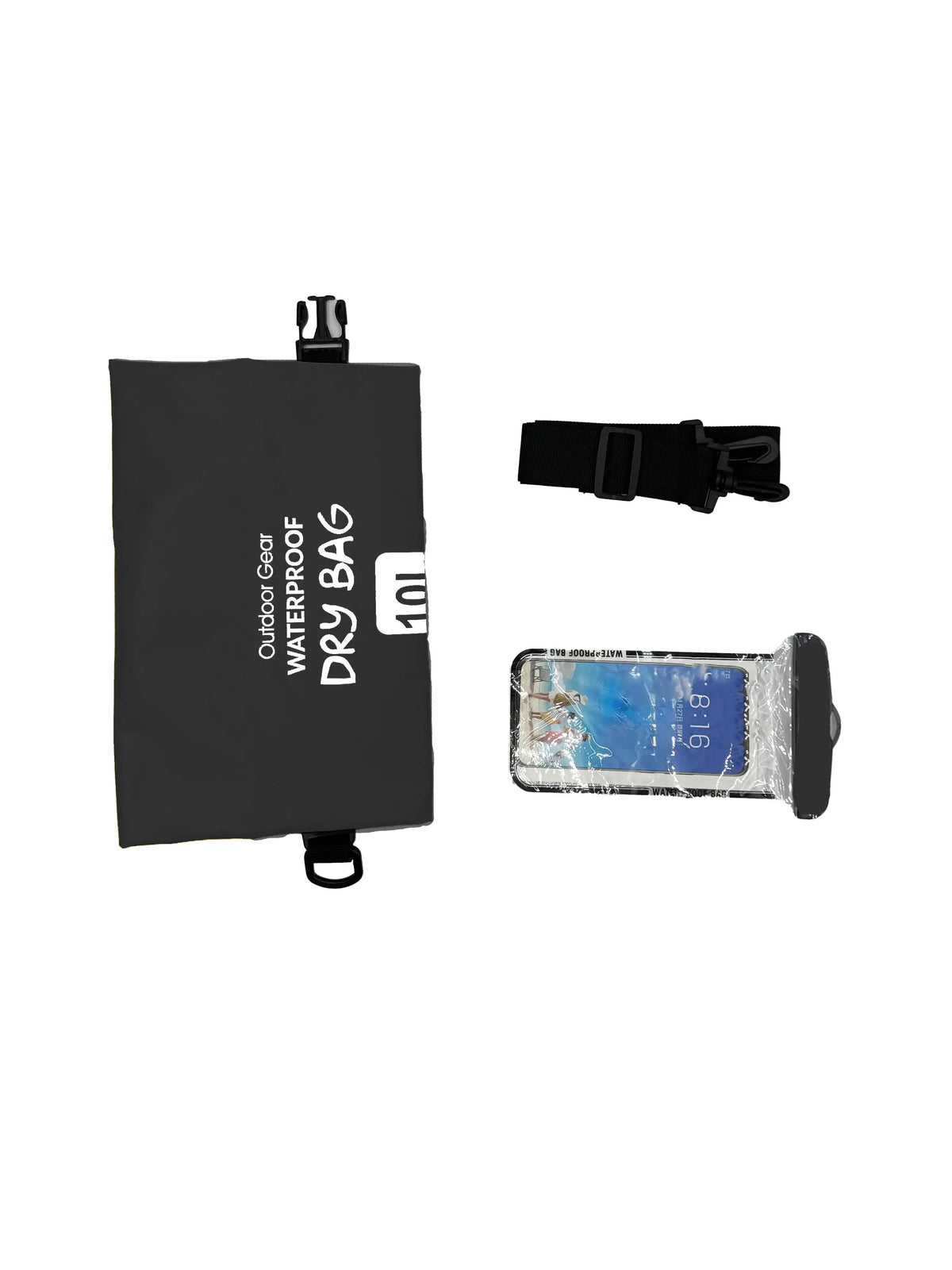 10L black waterproof dry bag kit with adjustable shoulder strap, detachable buckle, and waterproof phone pouch for kayaking, boating, camping, and beach use