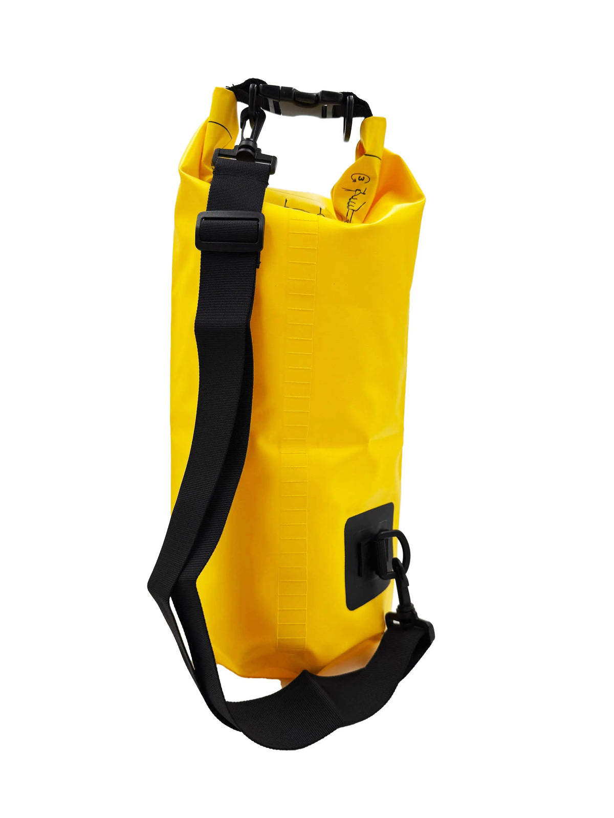 Back view of yellow 10L waterproof dry bag backpack with roll-top closure and adjustable padded shoulder straps for kayaking, boating, and hiking