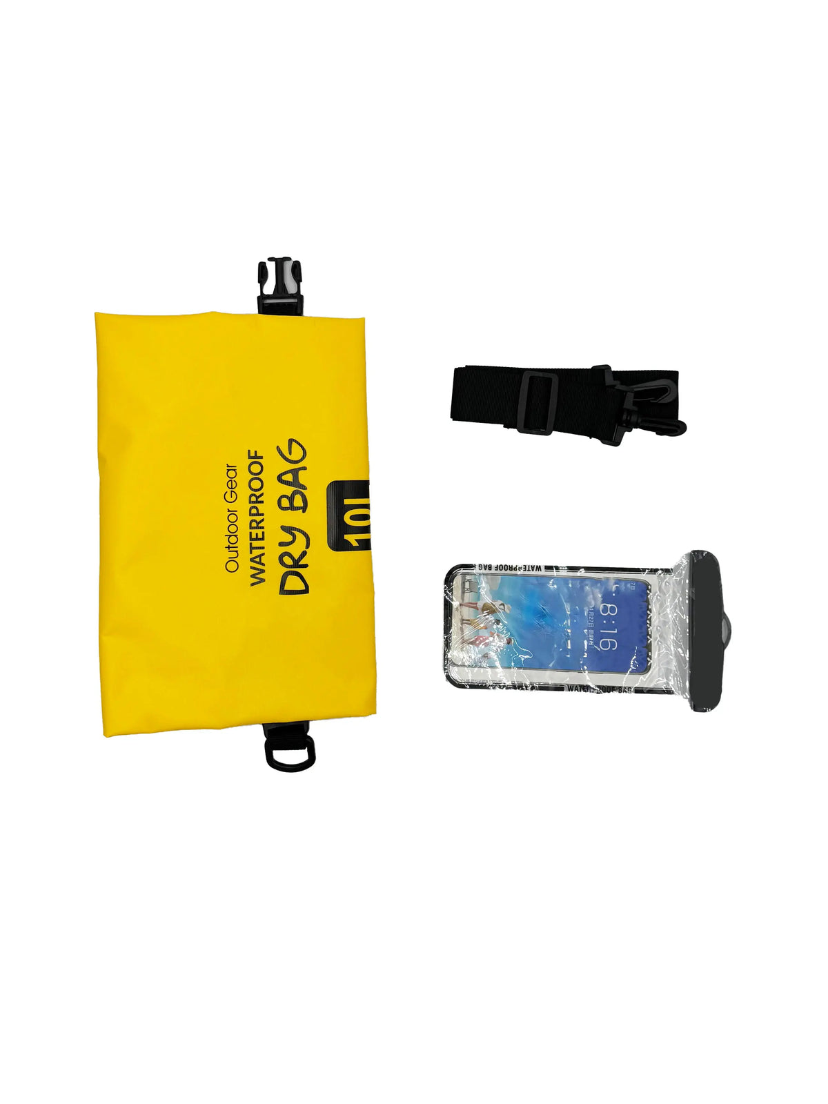 10L yellow waterproof dry bag kit with adjustable shoulder straps, detachable buckle, and waterproof phone pouch for kayaking, boating, camping, and beach use