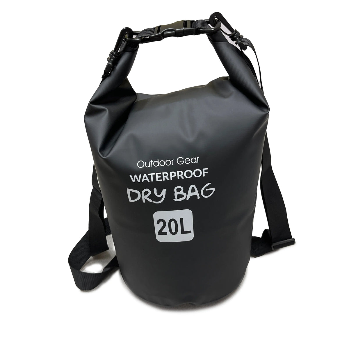 20L black waterproof dry bag backpack with roll-top closure and adjustable shoulder straps for kayaking, boating, camping, and hiking
