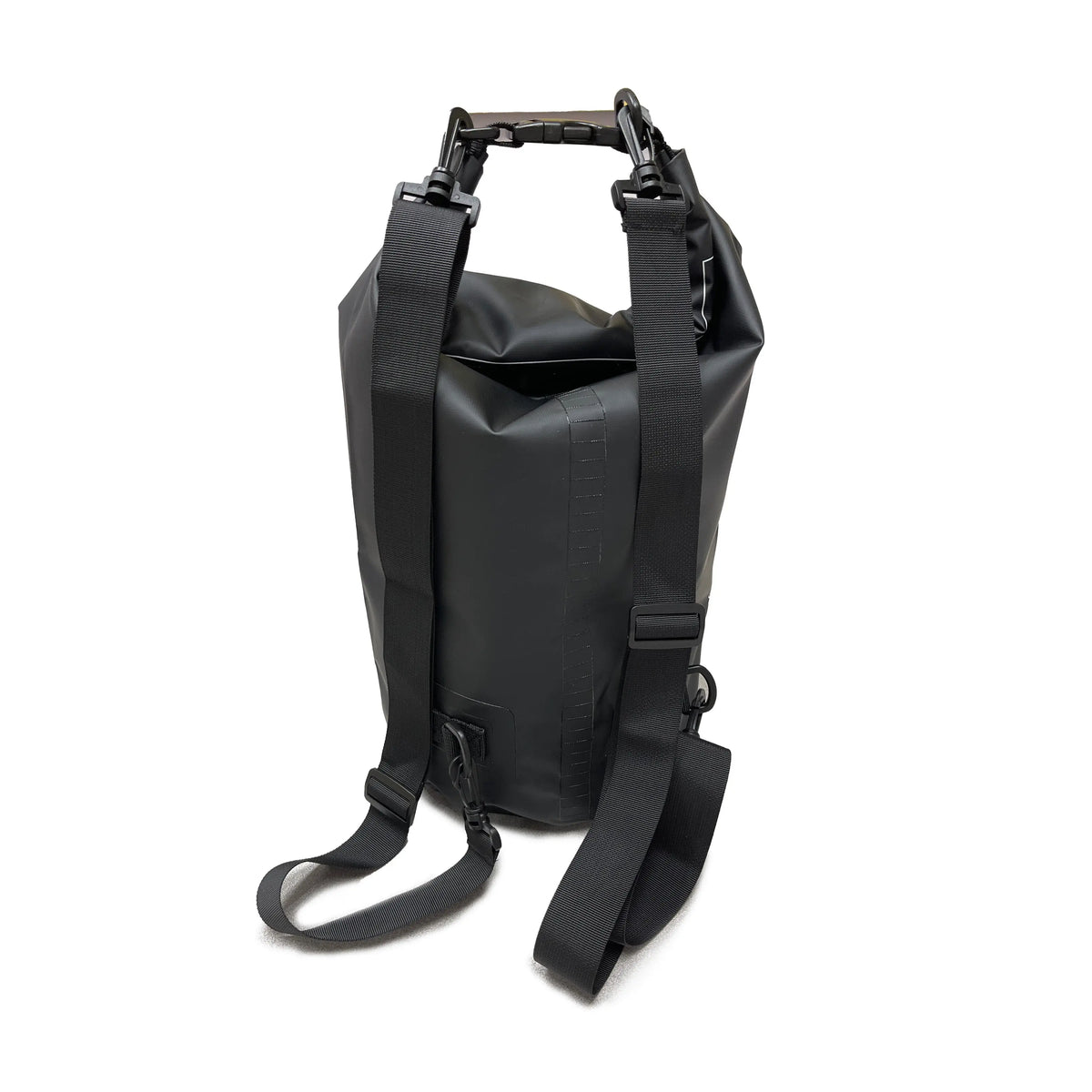 Back view of black 20L waterproof dry bag backpack with roll-top closure and adjustable padded shoulder straps for kayaking, boating, and hiking