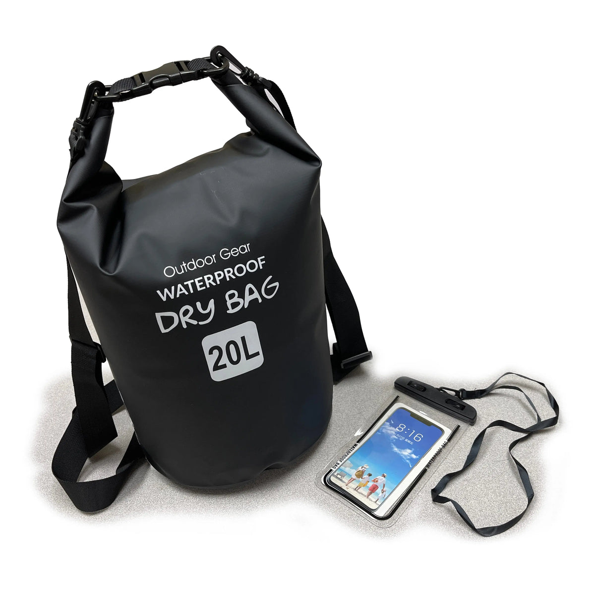 SAVVYCRAFT 20L waterproof dry bag in black with adjustable shoulder strap and included waterproof phone case for kayaking and boating