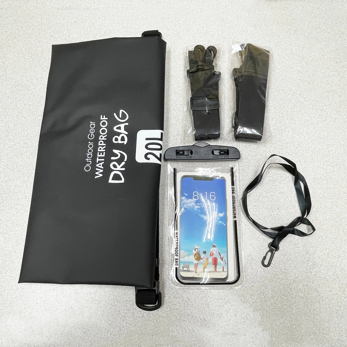 20L black waterproof dry bag kit with adjustable shoulder straps, detachable buckle, and waterproof phone pouch for kayaking, boating, camping, and beach use