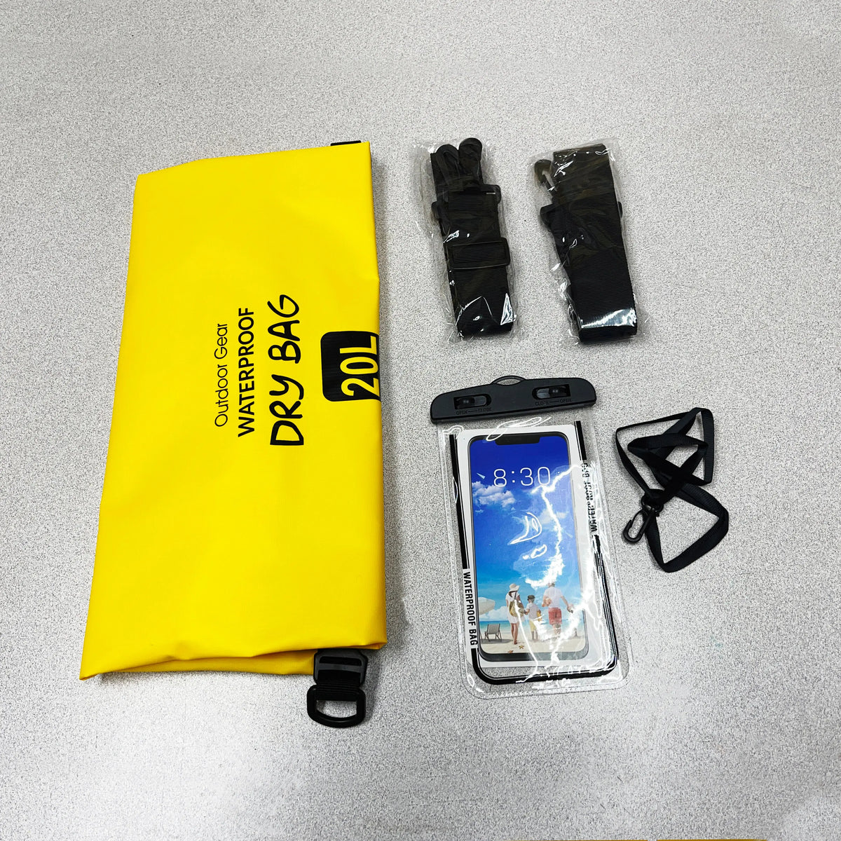 20L Yellow waterproof dry bag kit with adjustable shoulder straps, detachable buckle, and waterproof phone pouch for kayaking, boating, camping, and beach use