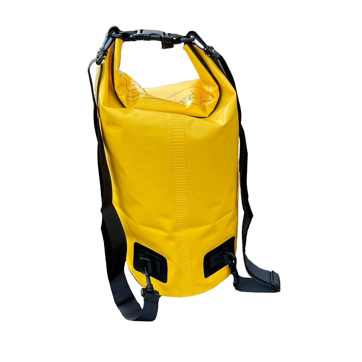 Back view of yellow 20L waterproof dry bag backpack with roll-top closure and adjustable padded shoulder straps for kayaking, boating, and hiking