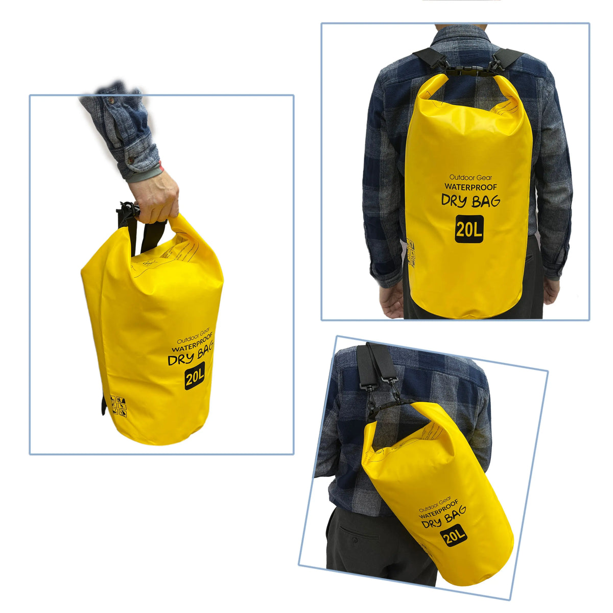 Yellow 20 liter dry bag backpack for hiking and kayaking shown on model with adjustable shoulder straps and roll-top handle
