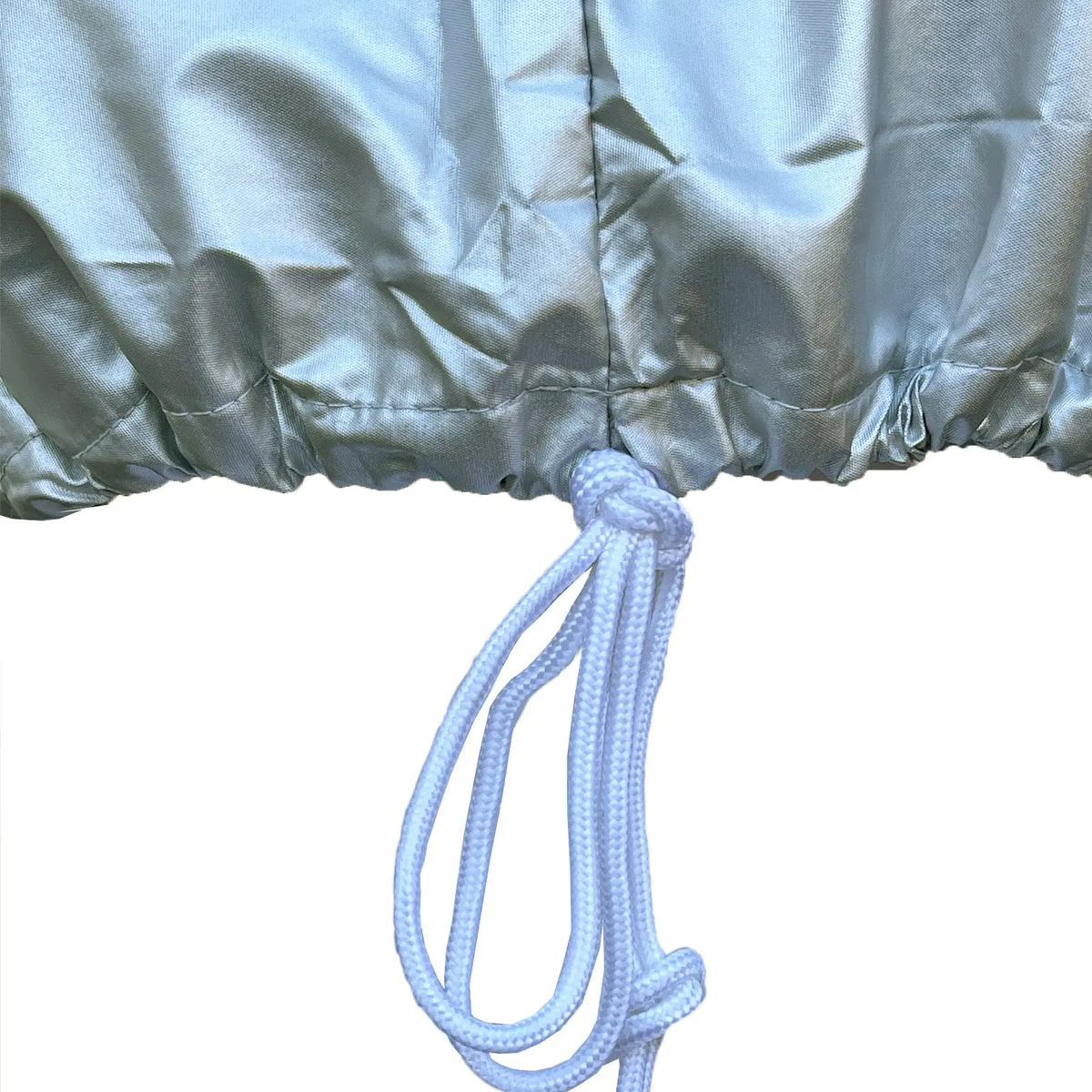 Close-up of adjustable drawstring on heavy-duty waterproof motor hood cover for secure fit