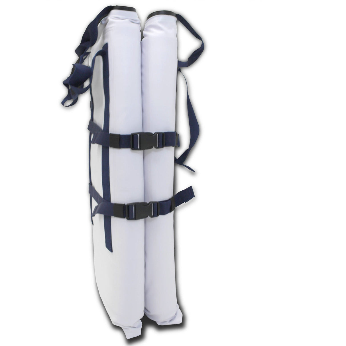 SavvyCraft Flat Bottom Fish Kill Bag rolled tightly for storage, standing upright and secured by two black quick-release buckle straps