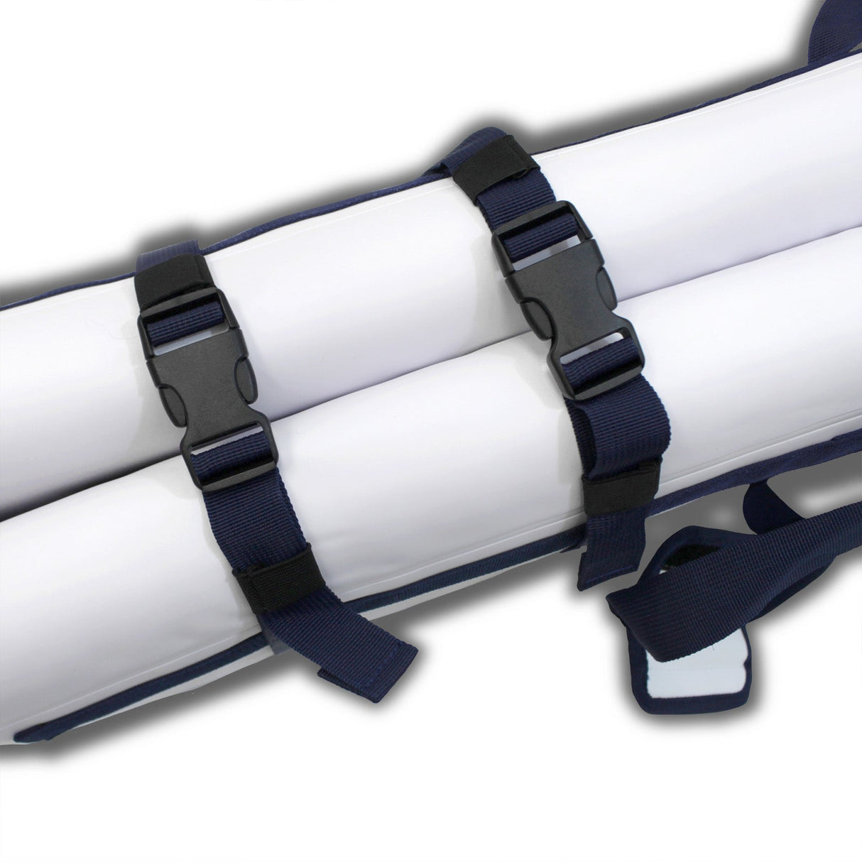 Close-up detail of the heavy-duty black quick-release buckles and blue webbing straps securing the SavvyCraft fish kill bag in its rolled-up storage position