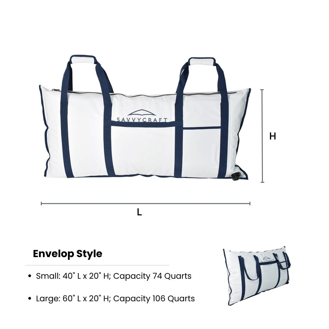 Size chart for SavvyCraft insulated fish bags listing specifications: small 40"length and 20" height with capacity 47quarts and large 60"Length and 20" height with capacity 106 quarts