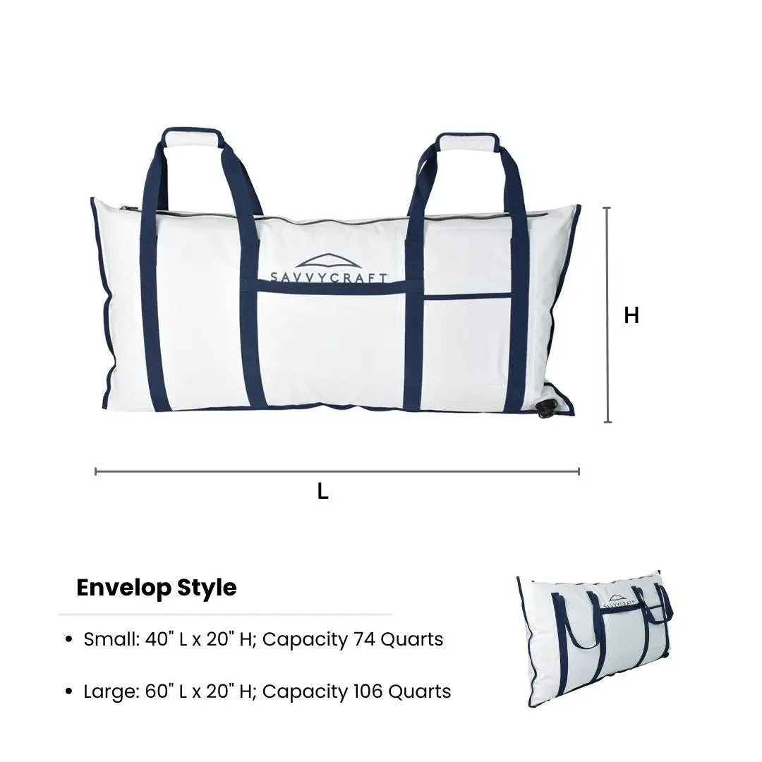 Size chart for SavvyCraft insulated fish bags listing specifications: small 40"length and 20" height with capacity 47quarts and large 60"Length and 20" height with capacity 106 quarts