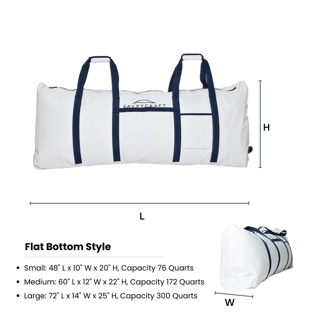 Size chart for SavvyCraft insulated fish bags listing specifications: 48 inch small bag, 60 inch medium bag, and 72 inch large bag with capacities ranging from 76 to 300 quarts
