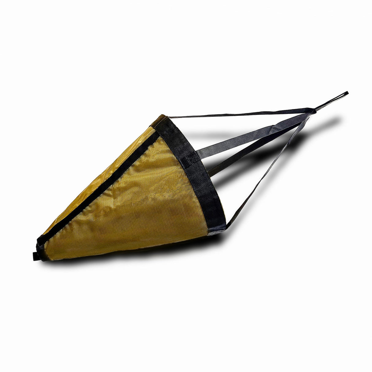 Brown cone-shaped drift sock sea anchor with black straps for kayak, small boat, and fishing drift control