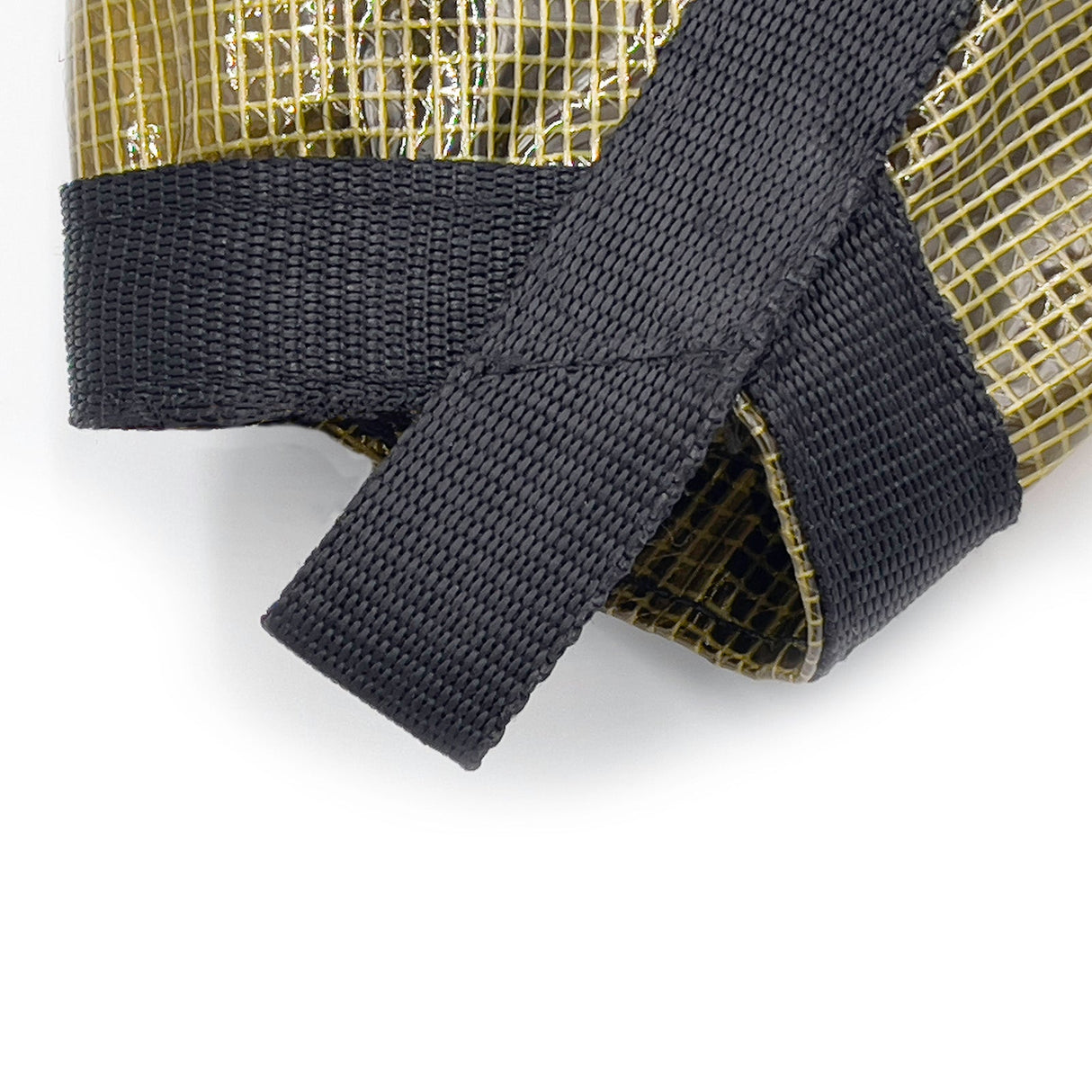 Close-up of brown nylon drift sock sea anchor with reinforced black webbing and attachment loop for kayak and boat drift control