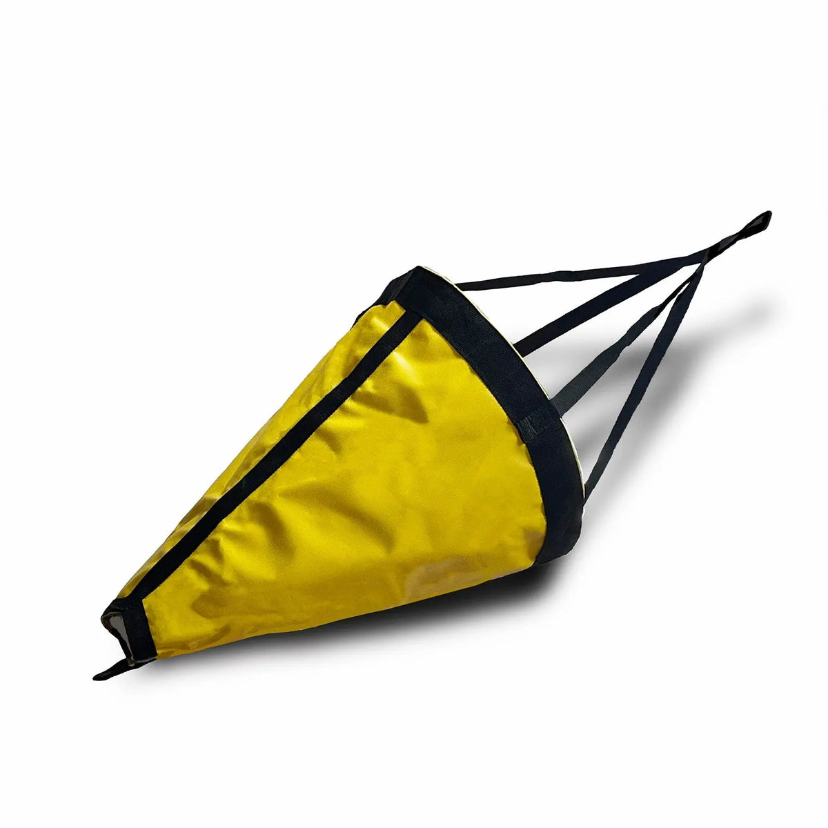 Yellow cone-shaped drift sock sea anchor with black straps for kayak, small boat, and fishing drift control