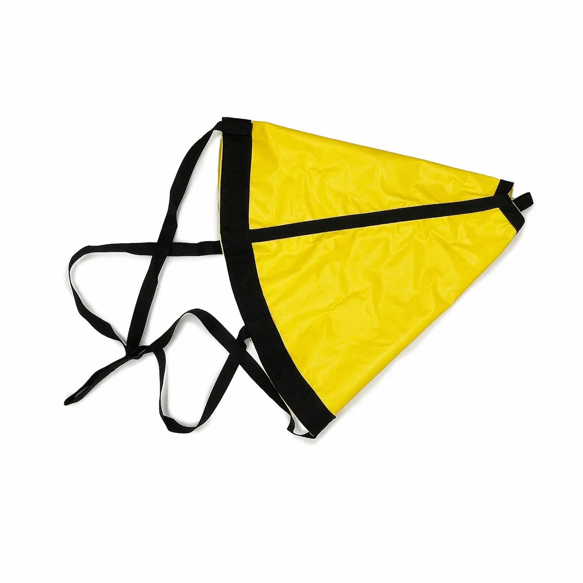 Yellow cone drift sock sea anchor with black straps for kayak, small boat, and fishing drift control