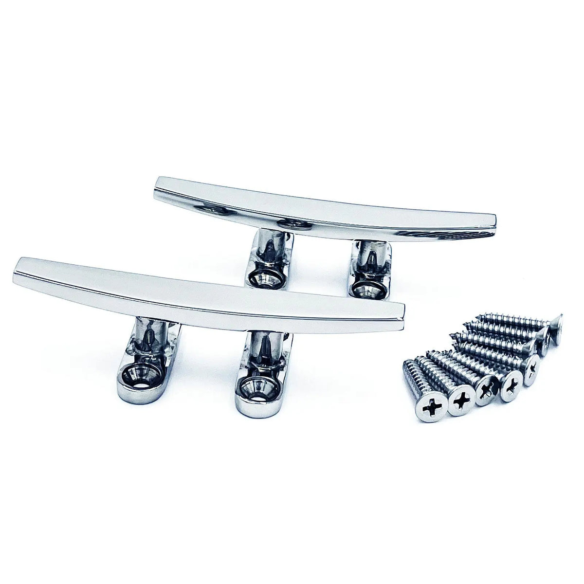 Pair of savvycraft stainless steel boat dock cleats with 8 included mounting screws, featuring a high-polish finish for marine use.
