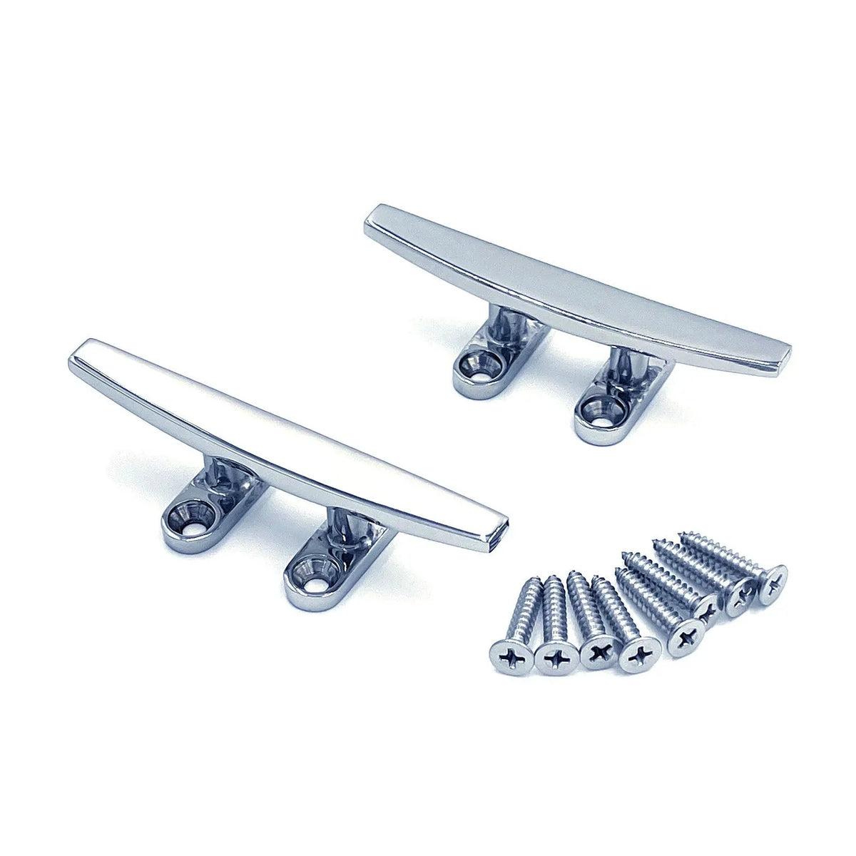 Pair of savvycraft stainless steel boat dock cleats with 8 included mounting screws, featuring a high-polish finish for marine use.