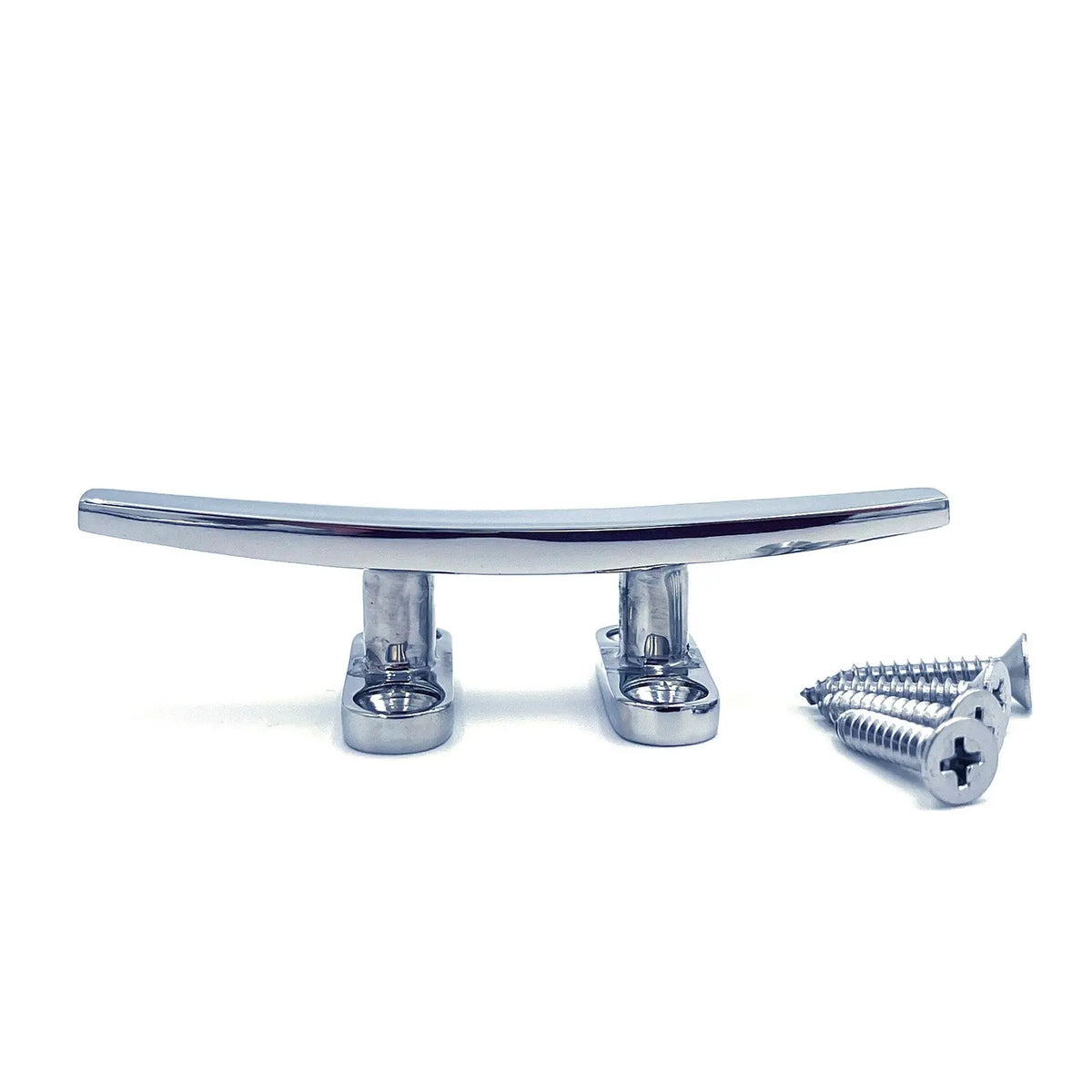 Savvycraft stainless steel boat dock cleats with 8 included mounting screws, featuring a high-polish finish for marine use.