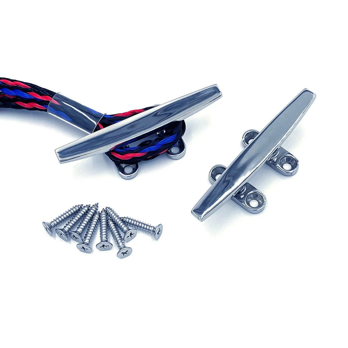 Savvycraft marine-grade stainless steel cleats shown with mounting hardware and a braided nylon dock line to demonstrate secure rope tying.