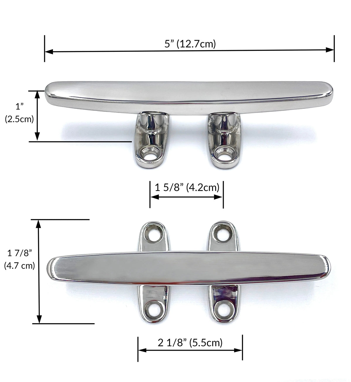 5-inch Savvycraft stainless steel boat dock cleat with dimensions shown in inches and centimeters, highlighting mounting hole spacing and total width.