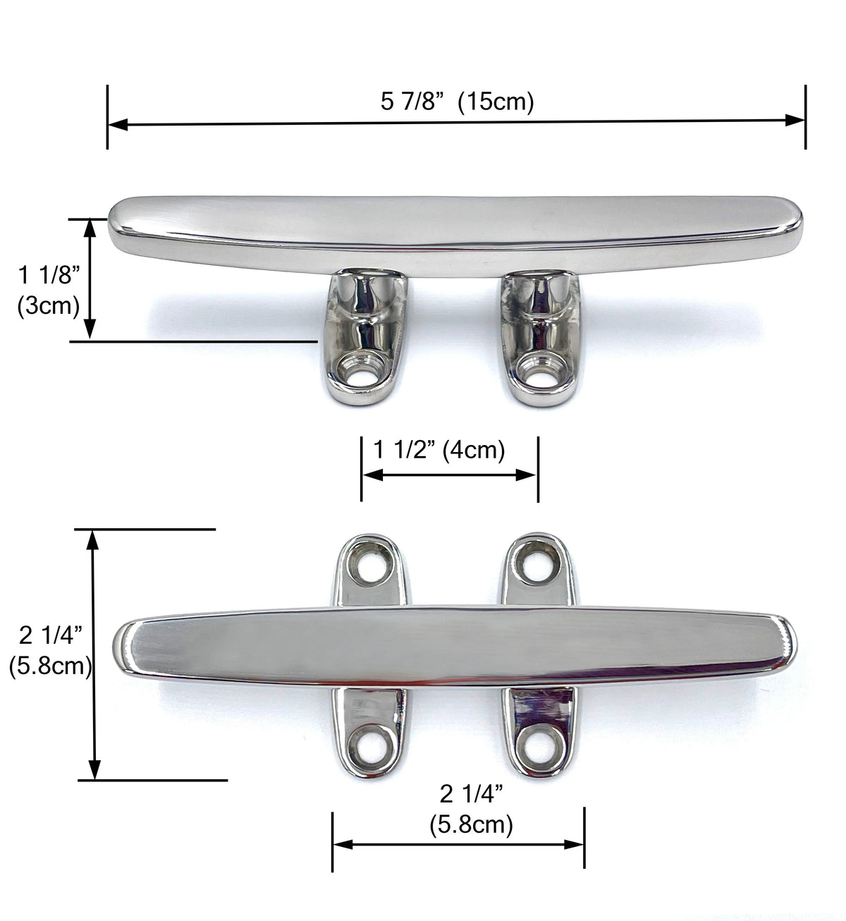 5 7/8-inch Savvycraft stainless steel boat dock cleat with dimensions shown in inches and centimeters, highlighting mounting hole spacing and total width.