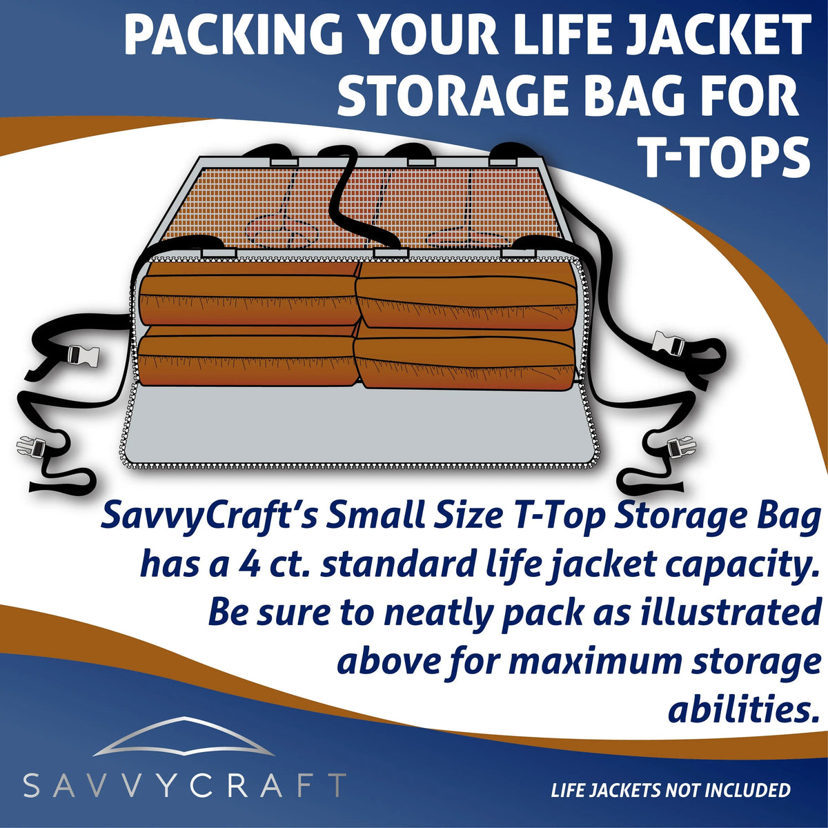 SavvyCraft T-top boat life jacket storage bag packing guide highlighting a 4-count standard life jacket capacity when packed neatly for maximum storage efficiency
