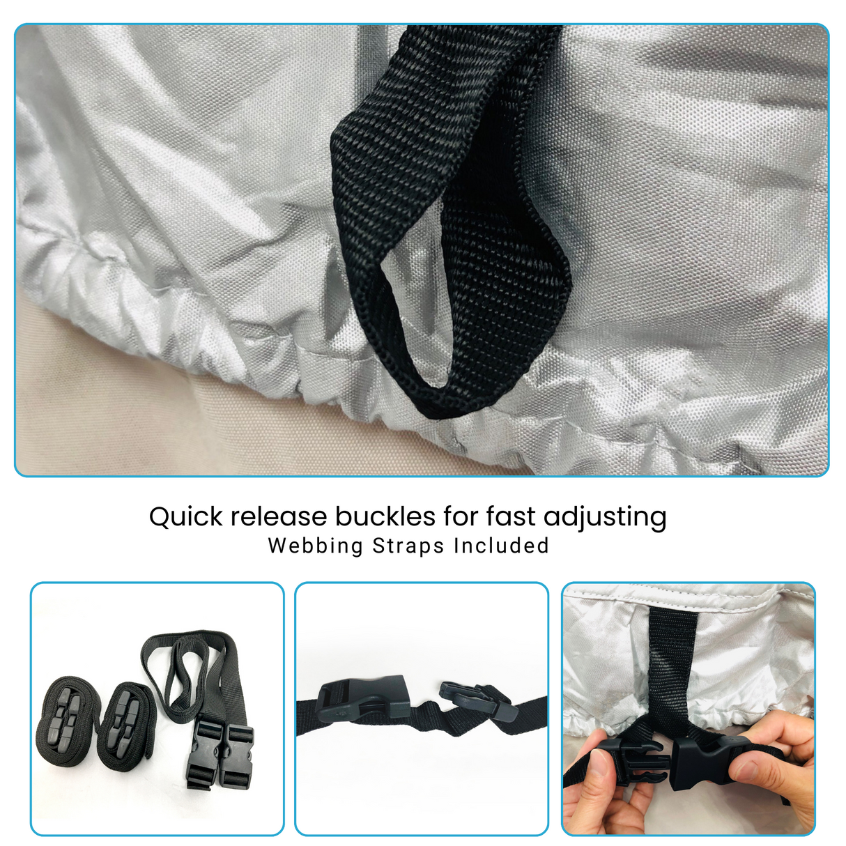 White elasticized hem cover with black webbing straps and quick release buckles on a beige surface.