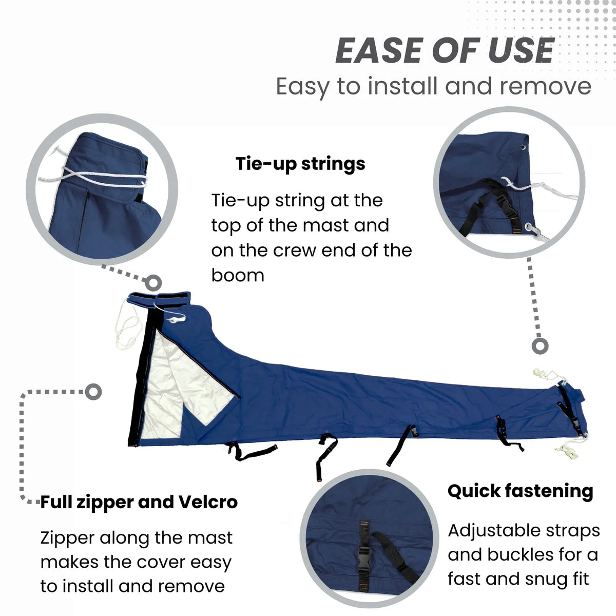 Easy-to-install waterproof navy sailboat mainsail boom cover with tie-up strings, full zipper, Velcro, and adjustable straps