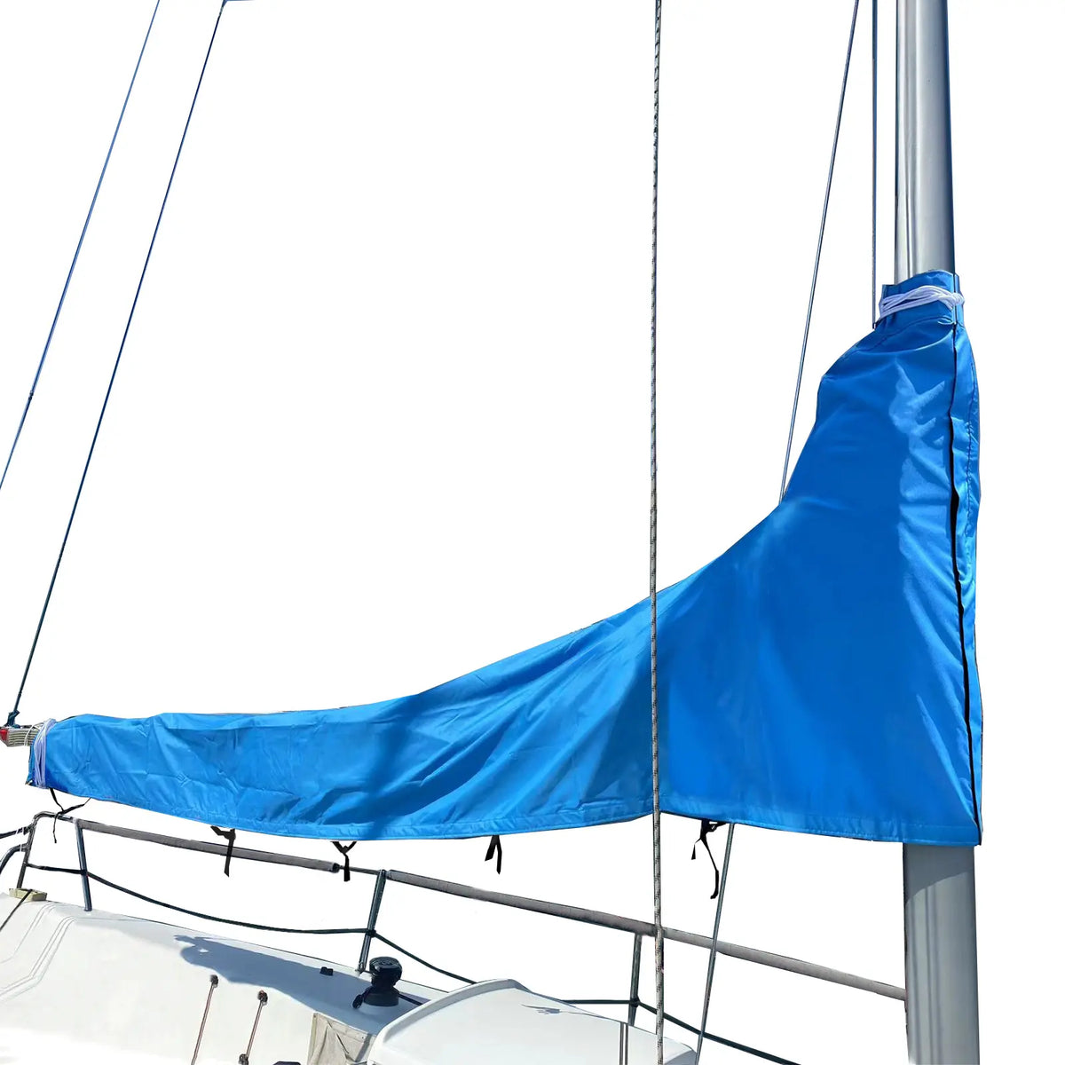 Blue waterproof sailboat mainsail boom cover installed on mast, protecting sail from sun and weather