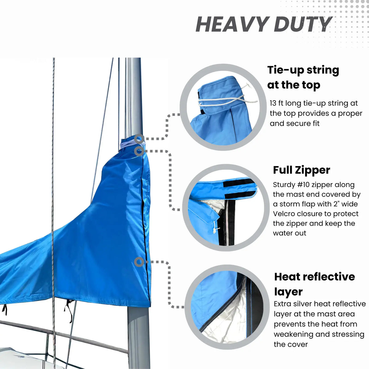 Heavy-duty waterproof blue sailboat mainsail boom cover with full zipper, tie-up string, and heat-reflective mast protection