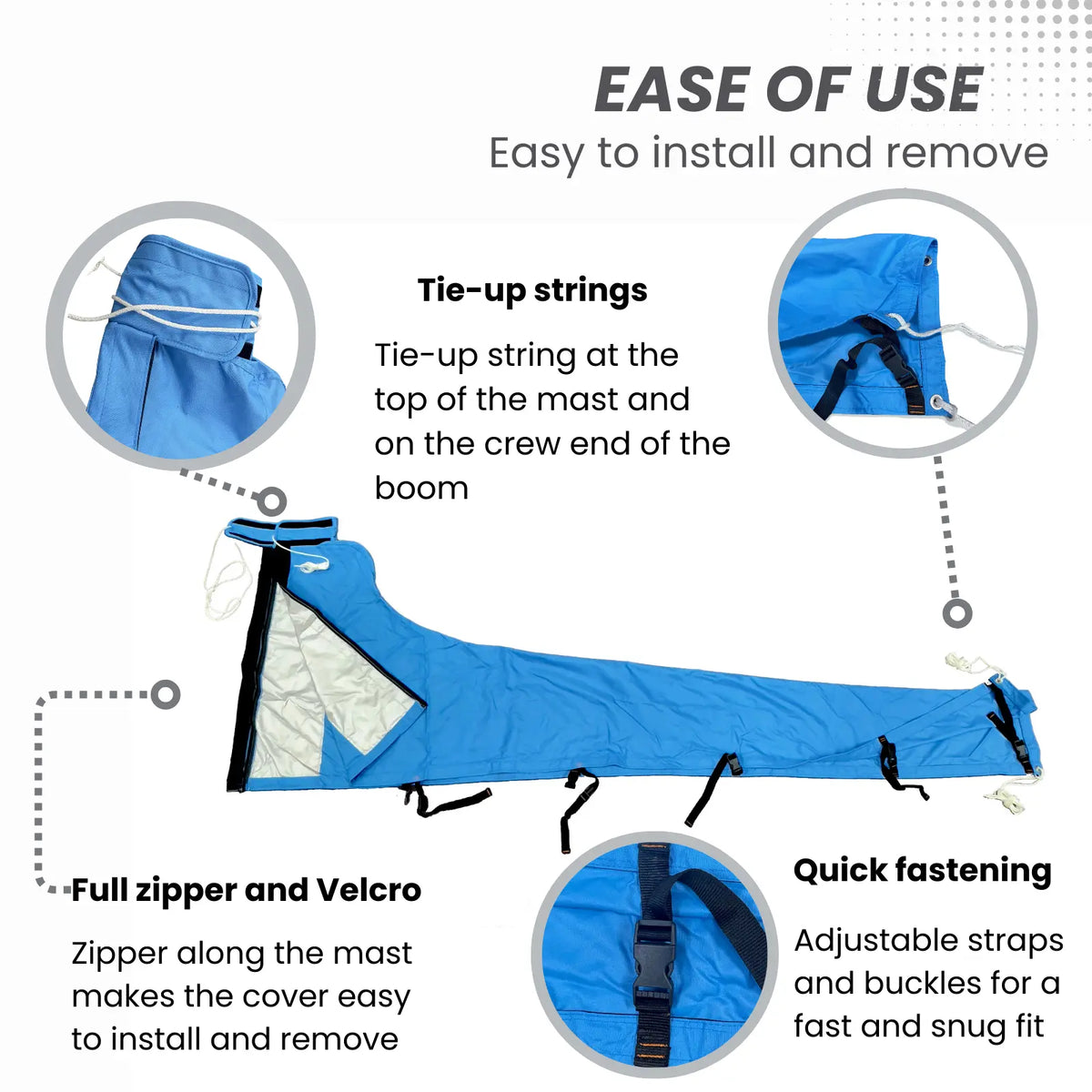 Easy-to-install waterproof blue sailboat mainsail boom cover with tie-up strings, full zipper, Velcro, and adjustable straps