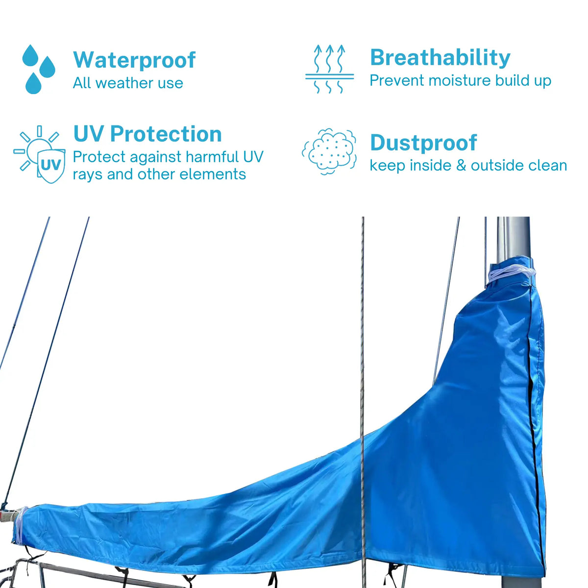 Waterproof blue sailboat mainsail boom cover with UV protection, breathable fabric, and dust proof all-weather design