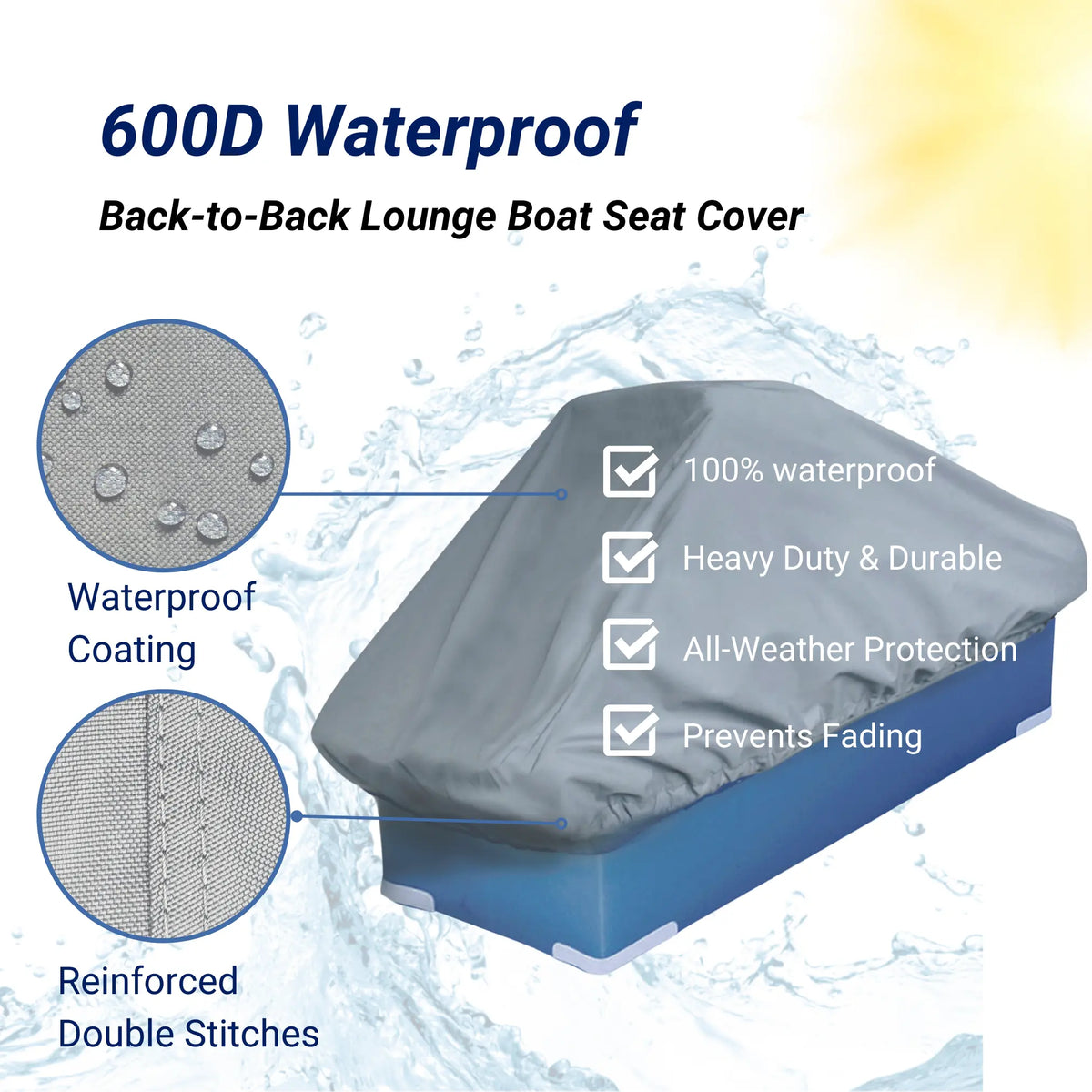SavvyCraft heavy-duty back-to-back boat seat cover featuring 100% waterproof 600D fabric, reinforced seams for durability, and UV protection to prevent fading