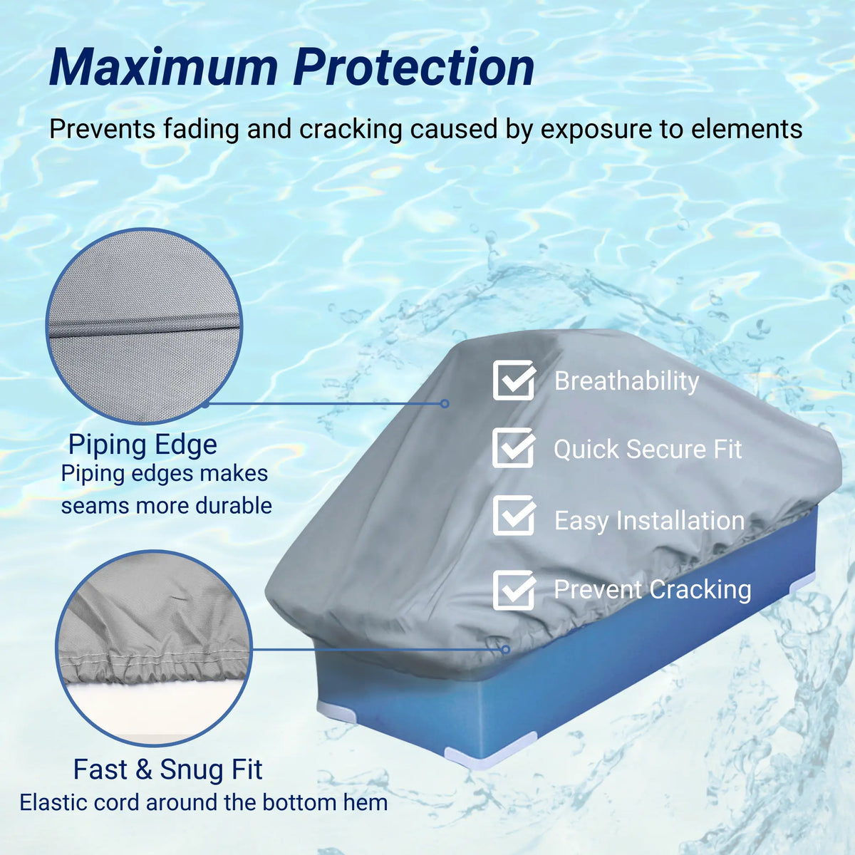 SavvyCraft® waterproof back-to-back boat seat cover made from 600D polyester with waterproof coating, elastic hems, and durable piping edge for marine seat protection, easy installation